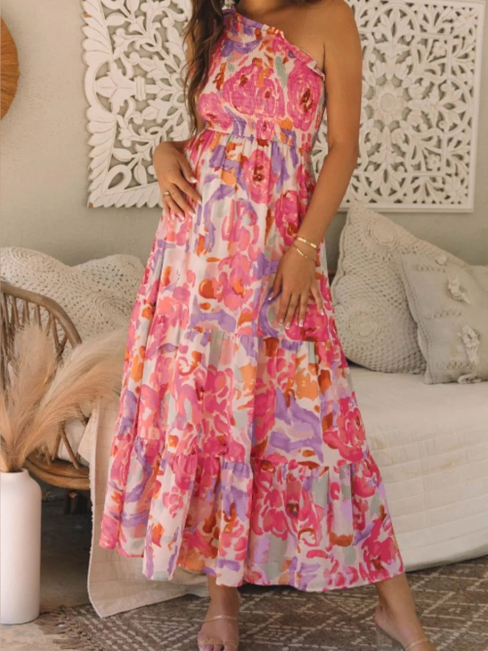 Waisted One-Shoulder Pink Floral Maxi Dress